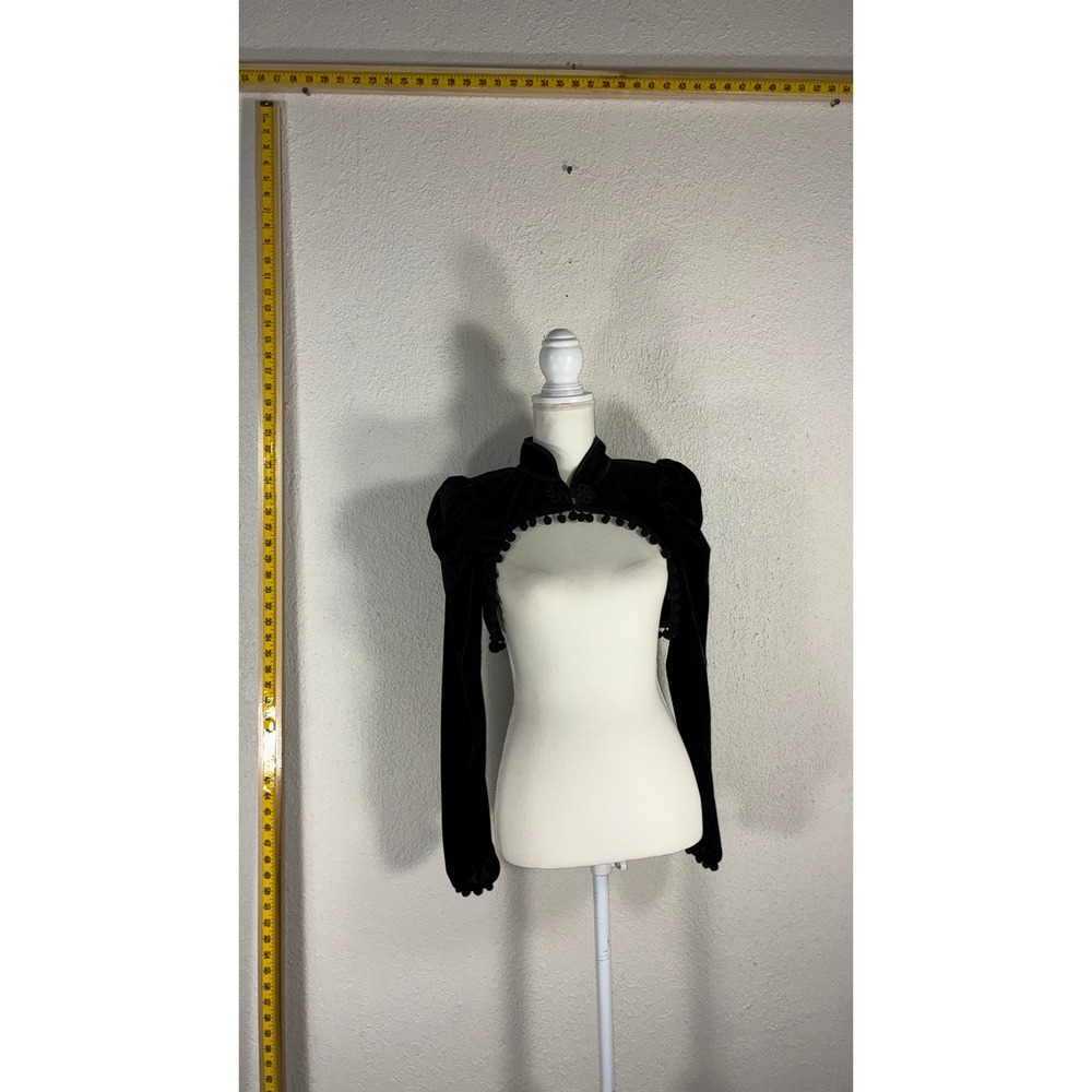 Black Velvet Bolero Shrug Puffed Sleeve Pom Pom Trim Gothic Cropped Jacket L